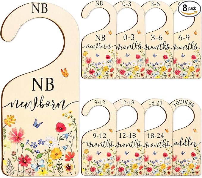 AnyDesign 8Pcs Wildflower Wood Baby Closet Dividers Newborn to 24 Months Baby Wardrobe Organizer Spring Vintage Floral Hanging Closet Organizer for Home Nursery Birthday Decor