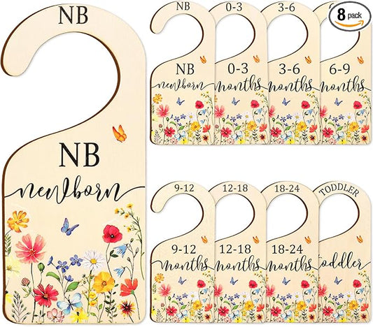 AnyDesign 8Pcs Wildflower Wood Baby Closet Dividers Newborn to 24 Months Baby Wardrobe Organizer Spring Vintage Floral Hanging Closet Organizer for Home Nursery Birthday Decor