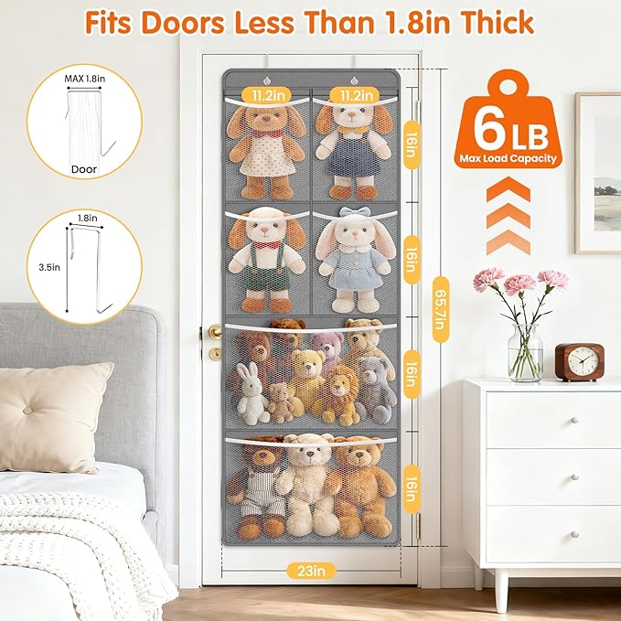 Stuffed Animal Storage - Large Over the Door Organizer with 6 Expandable Mesh Pockets & Metal Hooks, Non-Woven Fabric Hanging Plush Items Holder for Nursery, Bedroom, Playroom (Gray)