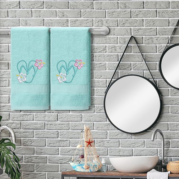2 Pcs Flip Flops Hand Towels Mint Green Bathroom Decor 14x29 Inch Embroidered 100% Cotton Soft Absorbent Spring Summer Decorative Hand Towels for Bathroom Kitchen