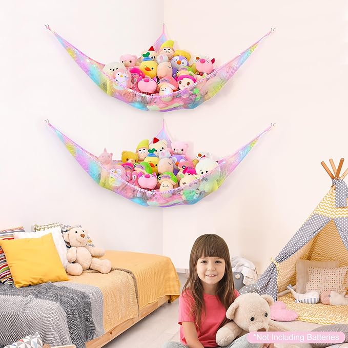 Basumee Stuffed Animals Net or Hammock with LED Light Hanging Toy Net Hammock for Stuffed Animals Storage Stuff Animals Hammocks for Nursery Room with Remote Control, 8 Kinds of Lights(Pack of 2)