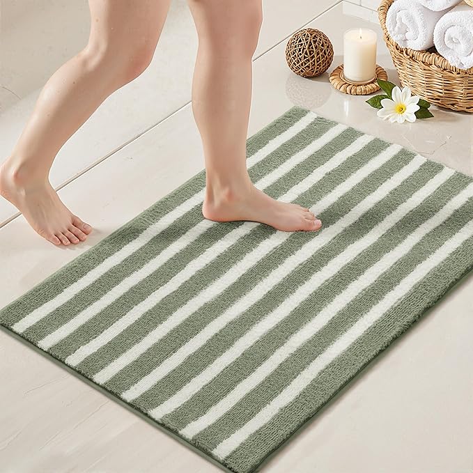 GRANNY SAYS Striped Bathroom Rugs Non Slip, 24" x 36", Bath Rugs for Bathroom Washable, Bath Mats for Floor, Microfiber Bath Mat for Tub, Absorbent Bath Rugs for Shower Room, Sage Green