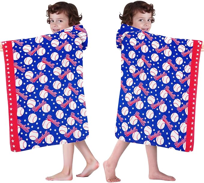 Hooded Beach Towel for Kids 3-10 Years - Soft Thick Cotton Baseball Toddler Hood Bath Towels/Pool Terry Towel Poncho Wrap Absorbent Cute Bath & Swim Wrap for Boys & Girls Beach Essentials -Blue
