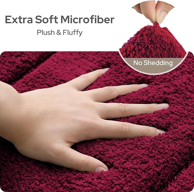 HOMEIDEAS Bathroom Rugs Sets 2 Piece, Extra Soft and Absorbent Microfiber Plush Bath Mat with Non Slip Backing(Burgundy Red)