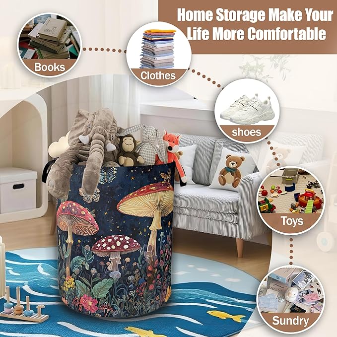 Vintage Mushroom Moon Laundry Hamper,Laundry Baskets,Waterproof Oxford Cloth Toy Storage for Bedroom,Bathroom,Nursery,16x20.8 Inch
