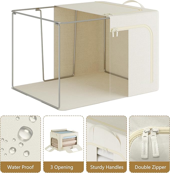 Pinkpum 3 Pack Clothes Storage Bins with Metal Frame, Closet Organizers and Storage Boxes, Stackable & Foldable Clothes Organizer Bags with Large Clear Window & Long Carry Handles, Beige 66L