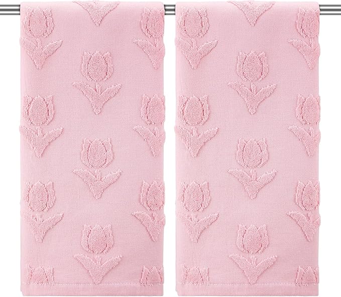 2 Pcs Tulip Hand Towels for Bathroom Pink Tulip 100% Cotton Jacquard Weave Bath Towel Set Soft Absorbent Kitchen Towels for Bathroom Kitchen Summer Theme Gifts 13.8 x 29.5