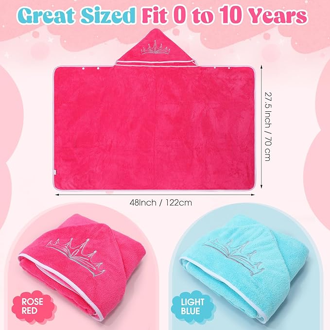 2 Pcs Princess Bath Towel for Baby Toddler Oversized Absorbent Soft Hooded Bath Beach Towel for Kids Girls up to 10 Years,Thick Cozy Full Coverage,Pink and Blue