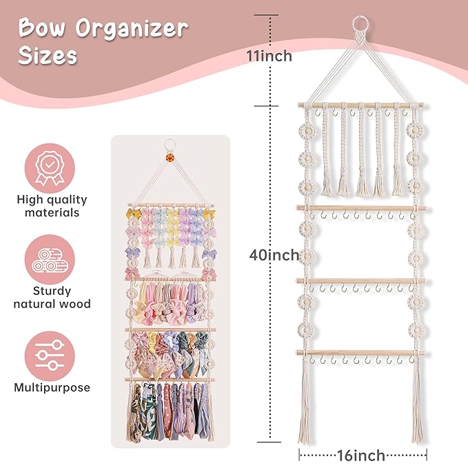 Bow Organizer for Girls, Claw Clip Organizer, Bow Hanger for Girls, Baby Girl Nursery Decor, Toddler Hair Accessory Headband Holder for Baby Girl