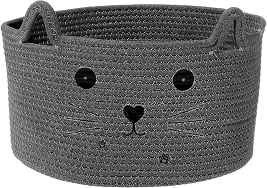 Zopeal Cat Basket Storage Woven Organizer with Ears Christmas Decorative Pet Toy Cute Cotton Rope Basket for Gift Cat Dog Toy Bin Nursery Room(13.7 x 7.8 Inch,Dark Grey)