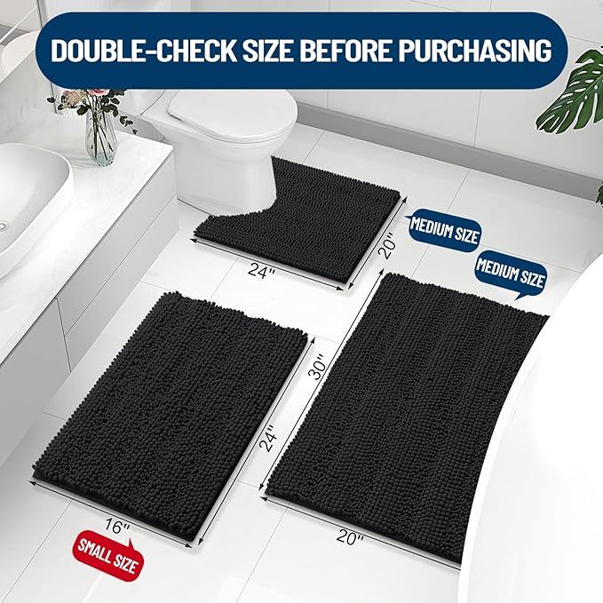 Grandaily Chenille Striped Bathroom Rugs 47x17, Extra Thick and Absorbent Bath Mats, Non-Slip Soft Plush Shaggy Shower Carpet, Machine Wash Dry, Bath Rug for Bathroom, Black