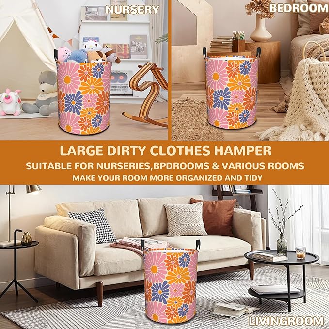 Groovy Daisy Flowers Collapsible Laundry Basket,70s Hippie Retro Bedroom Waterproof Laundry Hamper,Bathroom Large Storage Bag,College Dormitory Living Room Nursery Organizer Toy Bin 16" x 20"