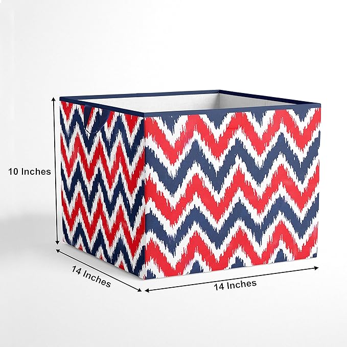 Bacati - Large Storage Tote Mix N Match Ikat Chevron/Dots Navy/Red 14 x 14 x 10 inches