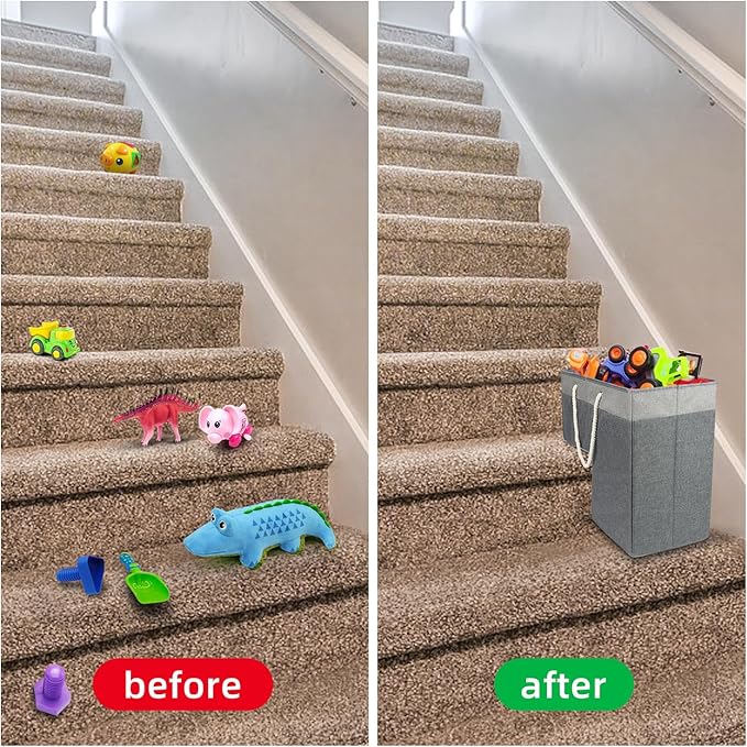 2 Pack Stair Basket for Stairs with Handle, Staircase Baskets for Carpeted and Wooden Stairs,16" Step Storage Laundry Basket for Toys, Clothes, Books, Tools, with Hard Board, Anti-slip（Gray）