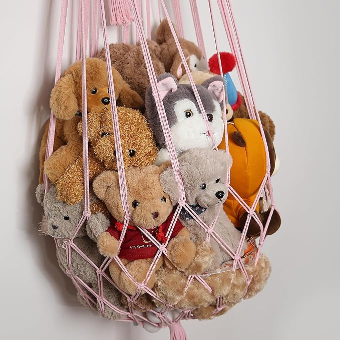 Stuffed Animal Net or Hammock Corner or Wall Hanging Net for Plush Toy Storage Boho Macrame Toy Display Nursery Bedroom Decor Stuffy Animal Toy Organizer (Pink)