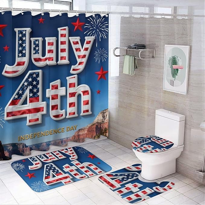 4 Piece Bathroom Rug Set with Shower Curtain, Non-Slip Bath Mat Toilet Cover Set, Independence Day Bathroom Rug Sets