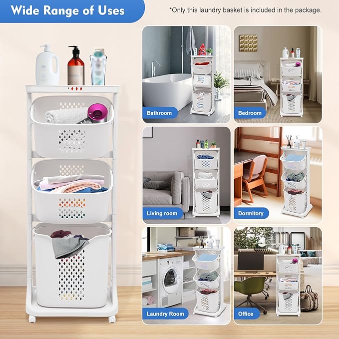 3-Tier Storage Basket Laundry Basket Rolling Cart Washing Hamper Storage Bin Shelf Multifunctional rotating laundry basket organizer Removable Clothes Laundry Basket for Kitchen Living Room
