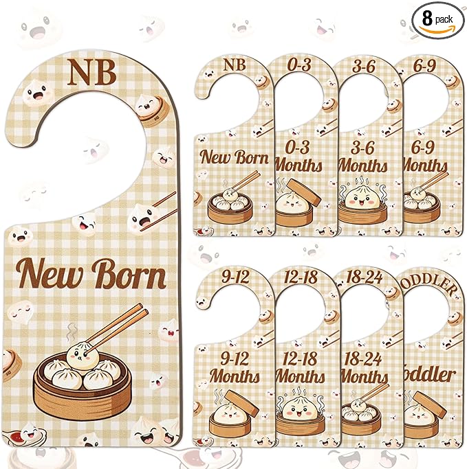 Baby Closet Dividers 8PCS, Cute Dumpling Themed Wooden Double-Sided Clothes Size Hanger/Organizer from Newborn to Toddler for Nursery Decor Baby Shower Birthday Gender Reveal Party Gift