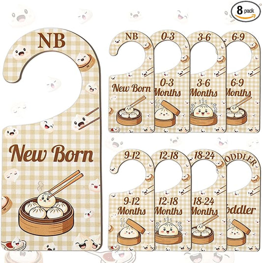 Baby Closet Dividers 8PCS, Cute Dumpling Themed Wooden Double-Sided Clothes Size Hanger/Organizer from Newborn to Toddler for Nursery Decor Baby Shower Birthday Gender Reveal Party Gift