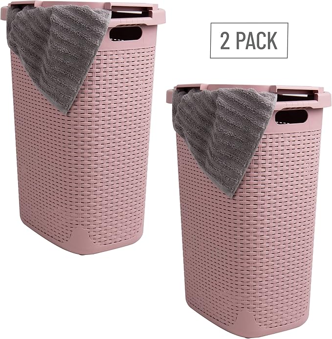 Mind Reader Slim Laundry Hamper with Lid, 60L Clothes Baskets, Premium Wicker Design, Plastic, 2-Pack, Pink