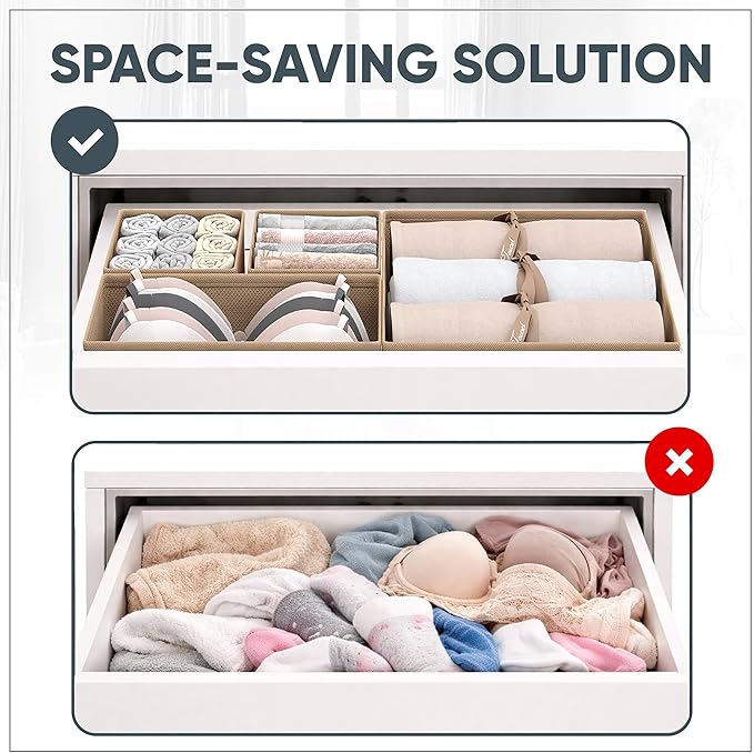 Clothing Drawer Organizer - Set of 6 Foldable Organizers for Clothes, Ideal for Dresser Drawers, Underwear, Socks, Baby Clothes and Closet Storage,Drawer Organizer bins, Cream