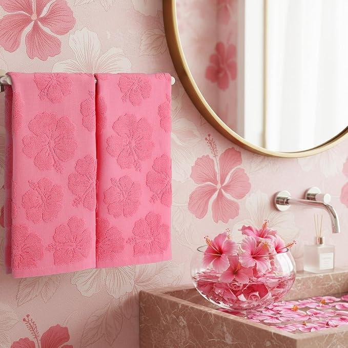 2 Pcs Floral Hibiscus Hand Towels for Bathroom Pink Hibiscus 100% Cotton Jacquard Weave Bath Towel Set Soft Absorbent Dish Washcloth for Bathroom Kitchen Summer Theme Gifts 13.8 x 29.5