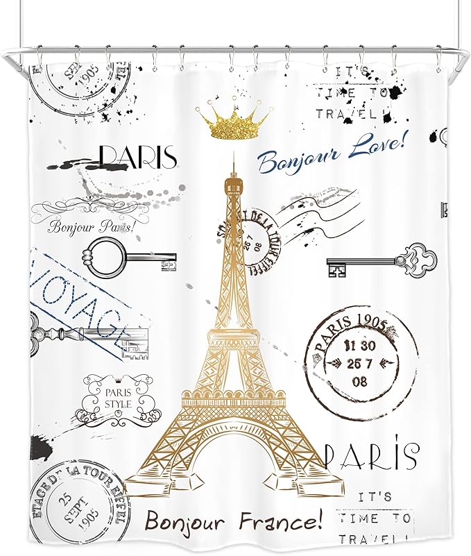 Homewelle Pairs Eiffel Tower Theme Shower Curtain for Bathroom Neutral French 60Wx72H Golden Lettering European France Crown Post Card Retro Stamp Modern Waterproof Polyester Fabric Bathroom Bathtub