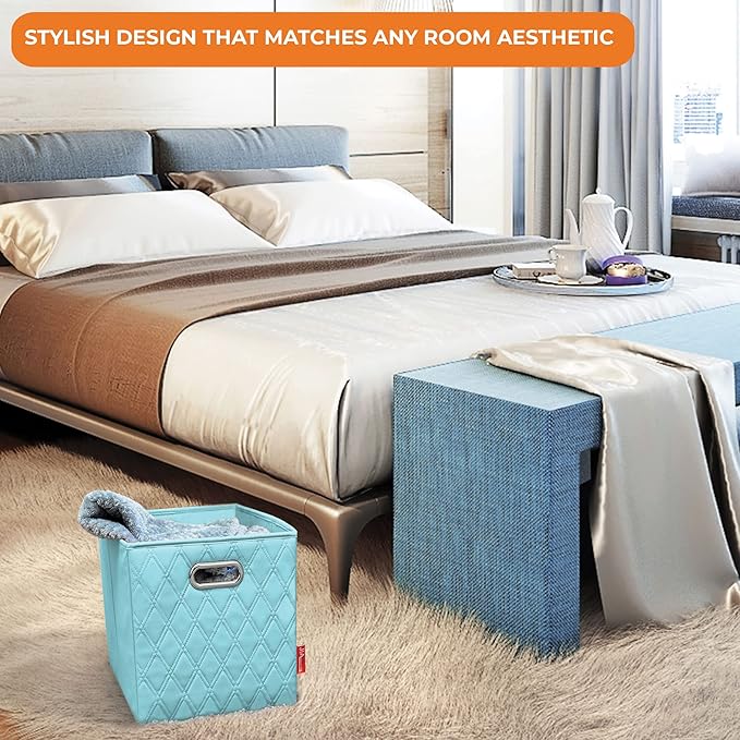 FH Group JIAessentials 11" Faux Leather Foldable Storage Cube Bins Set of 2 – Blue Diamond Patterned Organizers with Handles for Closet & Shelves