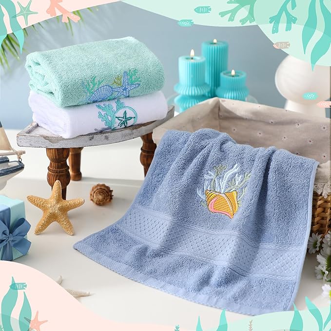 3 Pack Coastal Hand Towels for Bathroom 100% Cotton Embroidered Beach Bathroom Towels 13.78 x 29.53 Inch Soft Absorbent (White Green Blue, Seashell)