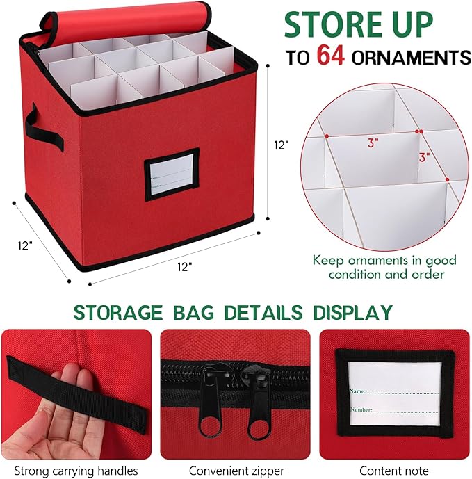 BINSUNS Christmas Ornament Storage Box, Christmas Storage Containers Organizer Bag with Dividers - Fits up to 64 Holiday Xmas Ornaments Decorations 3” Seasons Balls(Mixed Black)
