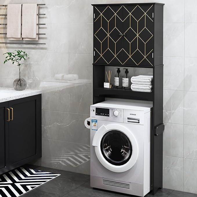Over The Toilet Storage Cabinet with Gold Trim, Modern Bathroom Organizer Over Toilet with Adjustable Shelves and Toilet Paper Holder for Bathroom (Black)