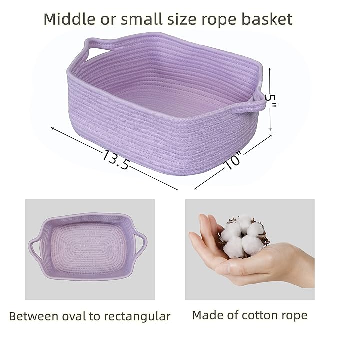 Woven Cotton Rope Storage Basket with Handles for Organizing Shelves Closet Small Cat Dog Pet Toy Baskets Box Bin Decorative Rectangle Baby Nursery basket Gift basket Empty(light purple)