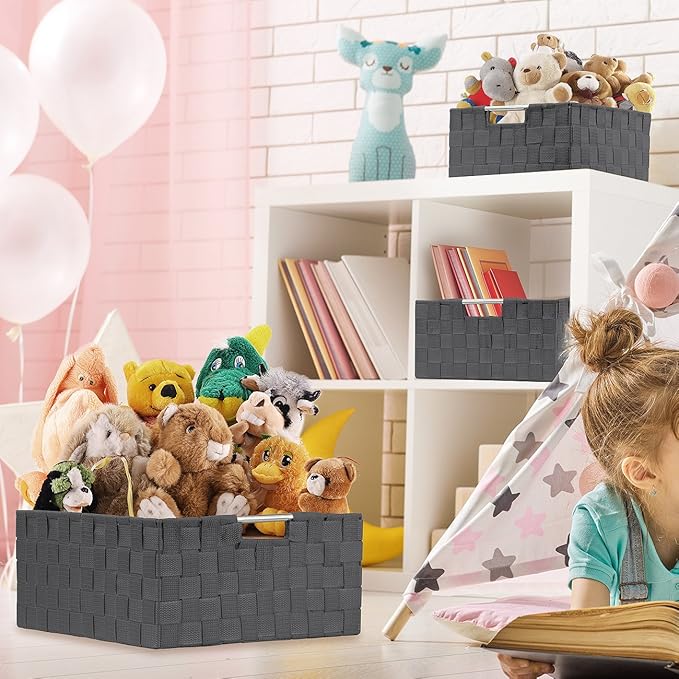 Sorbus Storage Box Woven Basket Bin Container Tote Cube Organizer Set Stackable Storage Basket Woven Strap Shelf Organizer Built-in Carry Handles (Gray)