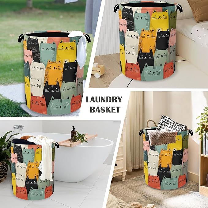 Cute Cat Laundry Basket,Foldable with Handles Tote Bag Oxford Cloth for Bathroom Bedroom Dirty Clothes Storage Bucket 16" x 20.8"