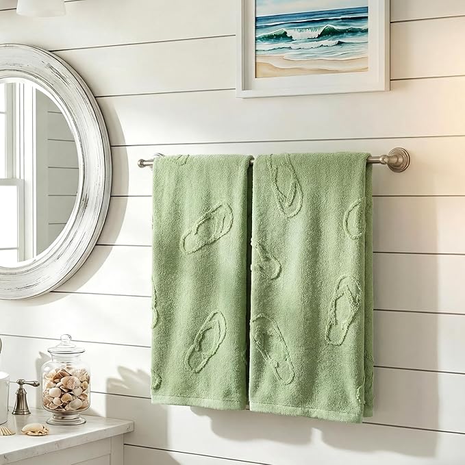 2 Pcs Flip Flops Hand Towels for Bathroom 100% Cotton Jacquard Weave Hand Towels Light Green Soft Absorbent for Spring Summer Home Bathroom Kitchen Decor, 29.5 x 13.8 Inch