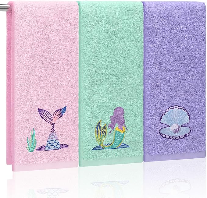 3 Pcs Watercolor Mermaid Hand Towels 14 x 29 Inch Cotton Embroidered Mermaid Shell Beach Bathroom Towels Sea Ocean Bathroom Decorative for Home Drying Cleaning Cooking Gift