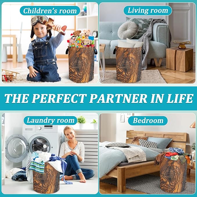 Wood Grain Laundry Basket, Tree Stump Texture Laundry Hamper Funny Tote Bag Dirty Clothes Storage Bucket Toy Organizer for Bathroom/Laundry/Bedroom 15.7"x19.6"