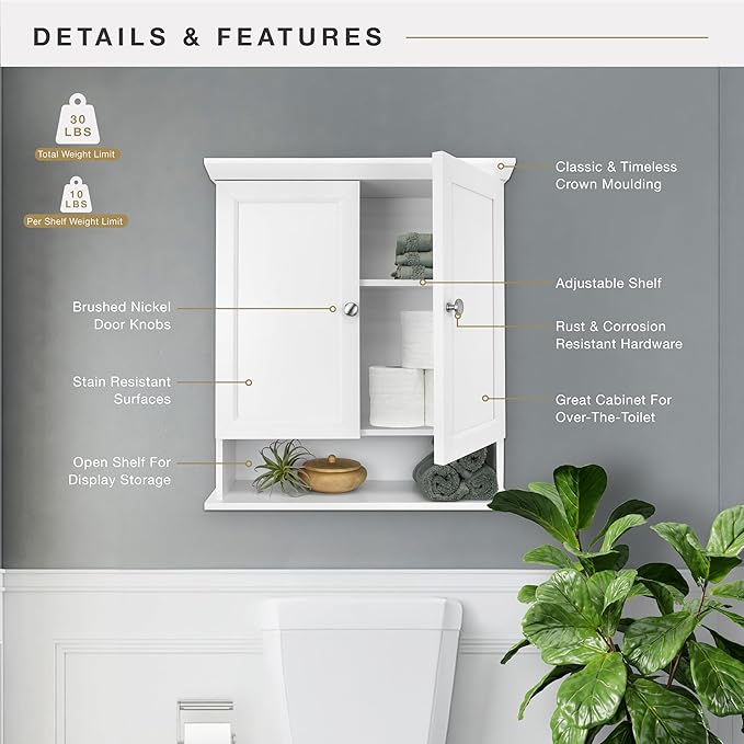 MCS 23x26 White Medicine Cabinet Organizer, Wall Mounted Bathroom Cabinet for Over-The-Toilet Storage, Bathroom Furniture & Restroom Organizer