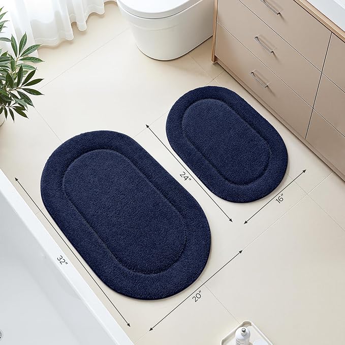 HOMEIDEAS Bathroom Rugs Sets 2 Piece, Soft Bathroom Mats and Absorbent Microfiber Machine Washable Bath Mats for Shower Room, Bathtub, Kitchen (20" x 32" + 16" x 24", Navy Blue)