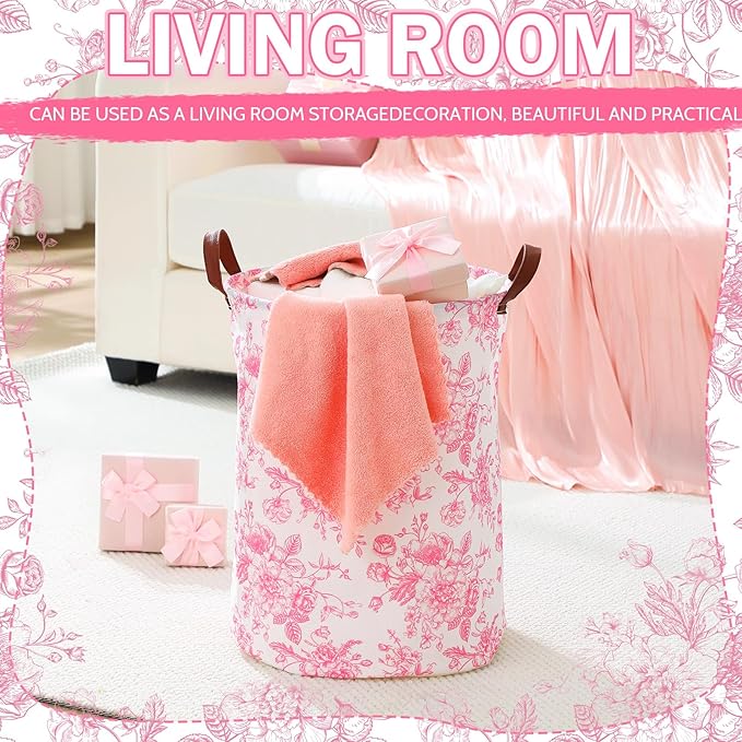 2 Pcs Pink Floral Laundry Basket Coquette Storage Basket for Girls Nursery Hamper with Handles Foldable Waterproof Collapsible Storage Bin Organizer for College Dorms Bathroom