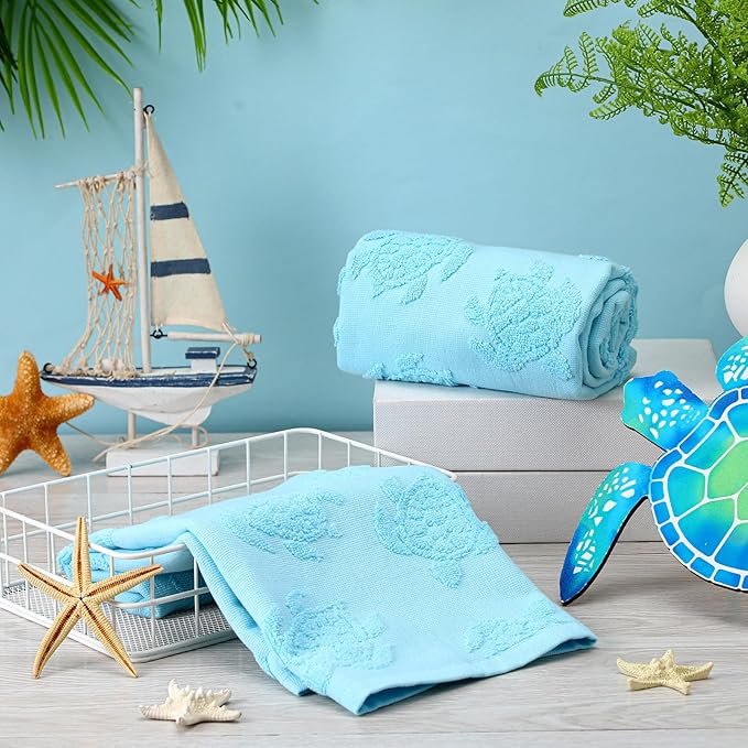 2pcs Sea Turtle Hand Towels for Bathroom 100% Cotton Jacquard Weave Bath Towel Set Soft Absorbent Dish Washcloth for Bathroom Kitchen Beach Summer Theme Gifts 13.8 x 29.5 Inch (Blue)