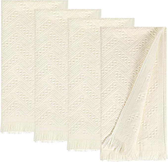 4-Pack Luxury Decorative Cotton Hand Towels for Bathroom Super Absorbent with Jacquard Weave&Fringe – 13x29.1" Beige Boho Hand Towel Set,Soft Face Towel for Boho Bathroom Decor Kitchen Hotel Spa Guest