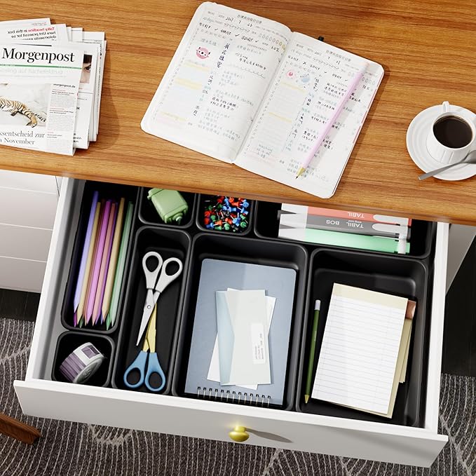 45 Pack Desk Drawer Organizer Tray, 3 Sizes Plastic Drawers Organizer Storage for Kitchen, Bathroom, Office, Vanity, Makeup, Utensils, Junk Drawer Organizer Bins, Gadget Trays for Organizing.