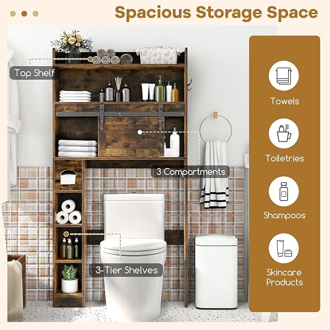 Tangkula Over The Toilet Storage Cabinet, Farmhouse Freestanding Above Toilet Rack w/Sliding Barn Door, Adjustable Shelves, Toilet Paper Holder, 2 Hooks, Bathroom Space Saver (Retro, Rustic Brown)