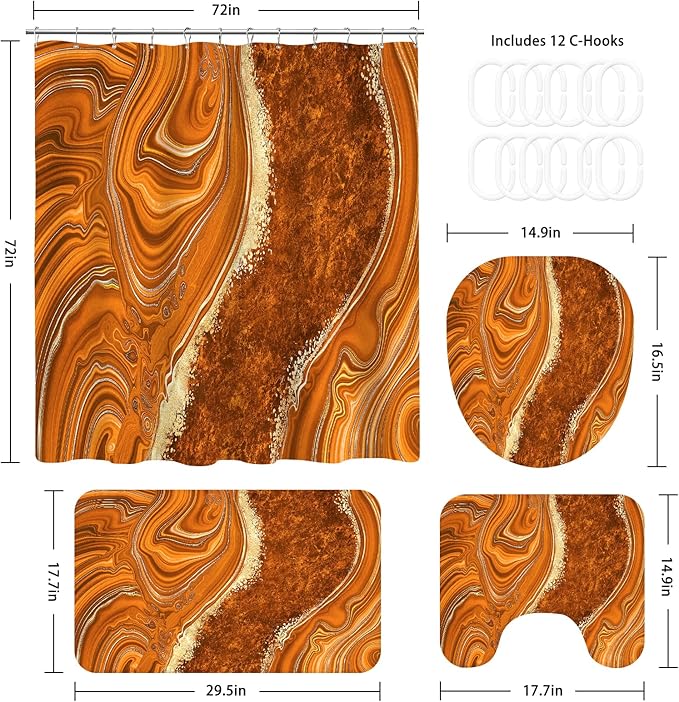 4PCS Orange Marble Bathroom Sets with Shower Curtain and Rugs, Abstract Gold Shower Curtain Sets with Rugs for Bathroom, Modern Bathroom Curtains Shower Set with Toilet Lid Cover Accessories
