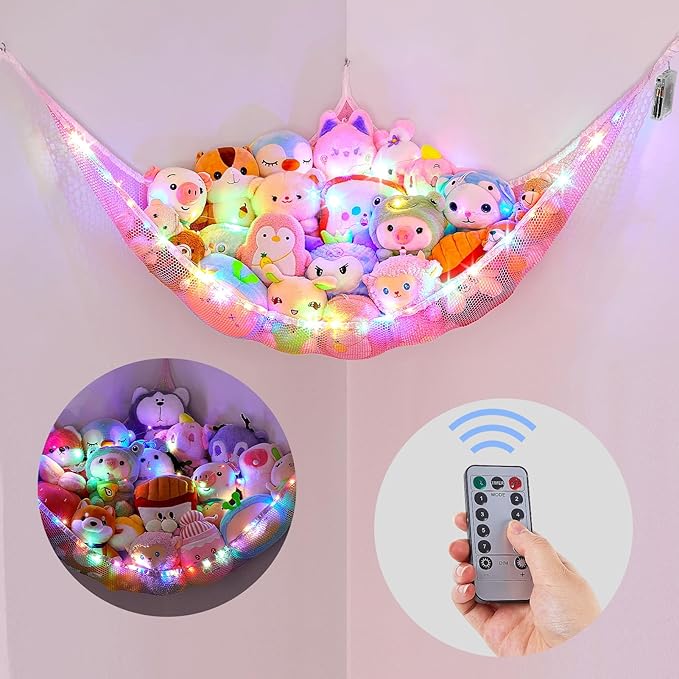 Basumee Stuffed Animals Net or Hammock with LED Light Hanging Toy Net Hammock for Stuffed Animals Storage Stuff Animals Hammocks for Nursery Room with Remote Control, 8 Kinds of Lights(Pack of 1)