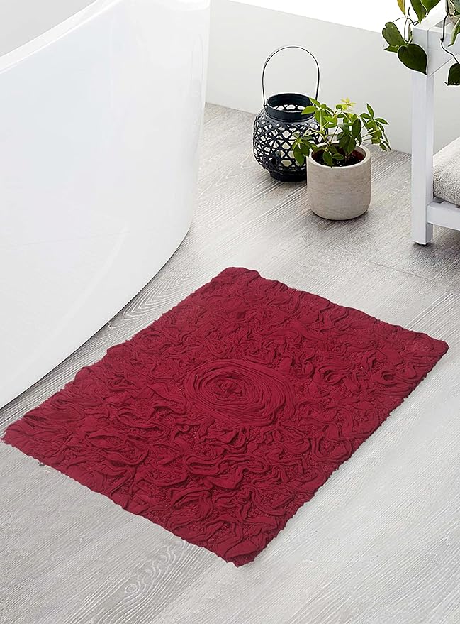 Home Weavers Bell Flower Collection 100% Cotton Tufted Bath Rugs, Extra Soft and Absorbent Bath Rugs, Non-Slip Bath Mats, Machine Washable, Bath Mats for Bathroom Floor and Tub, 17"x24" Rectangle, Red