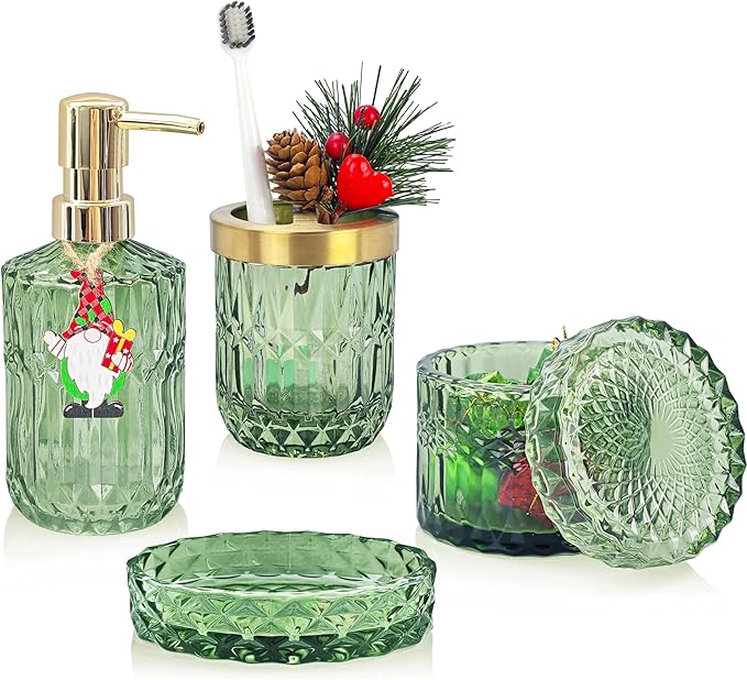 4pcs Glass Bathroom Accessories Set, Clear Green Bathroom Soap Dispenser Set, Toothbrush Holder, Soap Dish, Soap Dispenser, Qtips Holder Set for Crystal Vintage Bath Decor (Green)