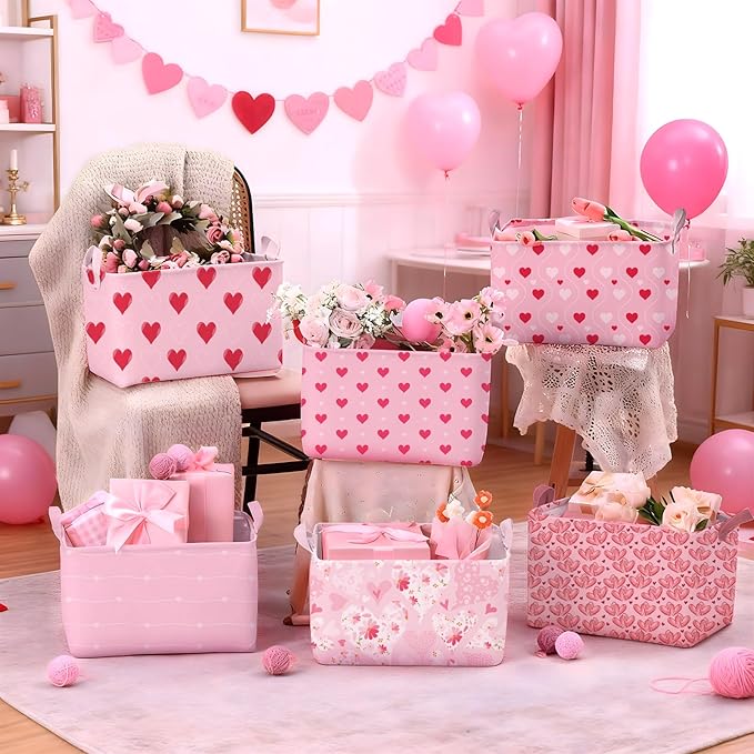 Youyole 6 Pcs Galentine's Day Gifts Basket Set Valentine's Day Storage Bins Pink Heart Empty Gifts Basket Organizer with Love Pattern Valentine Decorative Container Box with Handle for Closet Shelf
