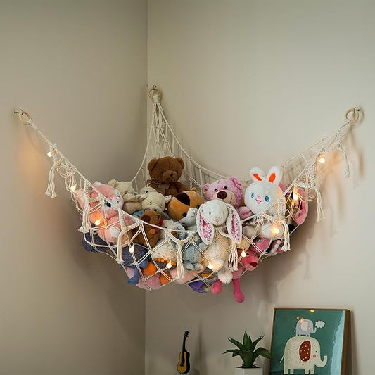 Lilly's Love Stuffed Animal Storage Macrame Hammock w/String Lights - Large, 2 Pack - Boho Decor Toy Storage - Corner Hanging Plushie Stuffed Animal Net Organizer (White)